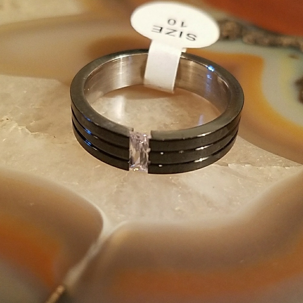 Mens Blackened stainless steel w CZ ring size 10